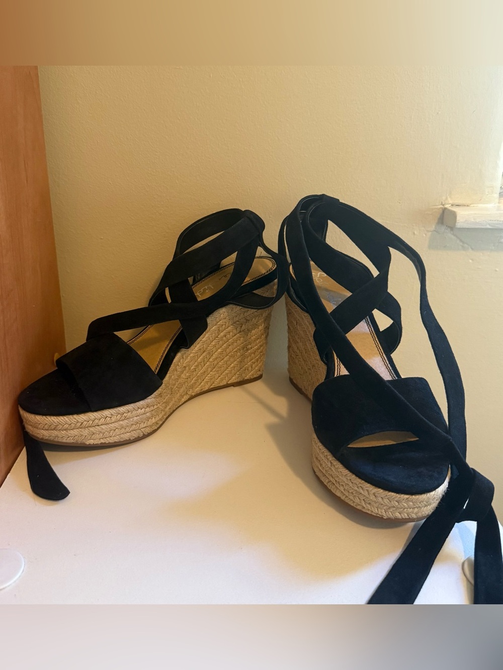 Splendid Black Suede Espadrille Wedge Sandals with Ankle Wrap